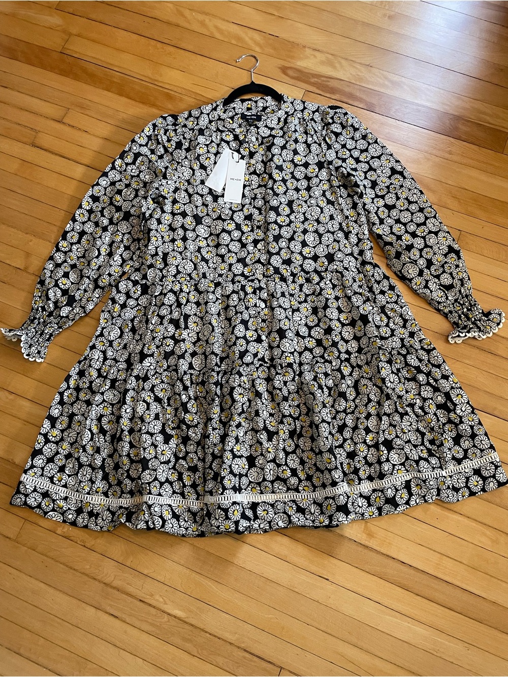 ME+EM NWT Wild Chamomile Short Swing Dress Pockets Tiered Ric Rac Trim Floral